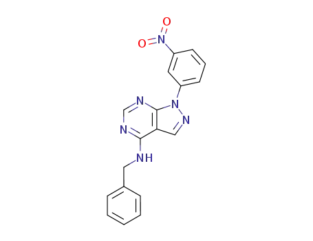 Molecular Structure of 65974-12-1 (1H-Pyrazolo[3,4-d]pyrimidin-4-amine,
1-(3-nitrophenyl)-N-(phenylmethyl)-)