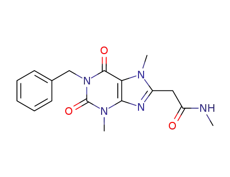 Molecular Structure of 61328-77-6 (1H-Purine-8-acetamide,
2,3,6,7-tetrahydro-N,3,7-trimethyl-2,6-dioxo-1-(phenylmethyl)-)