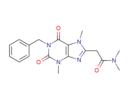 Molecular Structure of 61328-82-3 (1H-Purine-8-acetamide,
2,3,6,7-tetrahydro-N,N,3,7-tetramethyl-2,6-dioxo-1-(phenylmethyl)-)