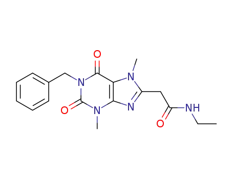 Molecular Structure of 61328-78-7 (1H-Purine-8-acetamide,
N-ethyl-2,3,6,7-tetrahydro-3,7-dimethyl-2,6-dioxo-1-(phenylmethyl)-)