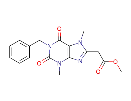 Molecular Structure of 61328-73-2 (1H-Purine-8-acetic acid,
2,3,6,7-tetrahydro-3,7-dimethyl-2,6-dioxo-1-(phenylmethyl)-, methyl
ester)