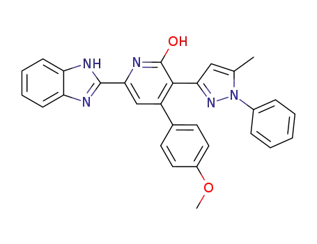 Molecular Structure of 62306-54-1 (2(1H)-Pyridinone,
6-(1H-benzimidazol-2-yl)-4-(4-methoxyphenyl)-3-(5-methyl-1-phenyl-1H-
pyrazol-3-yl)-)