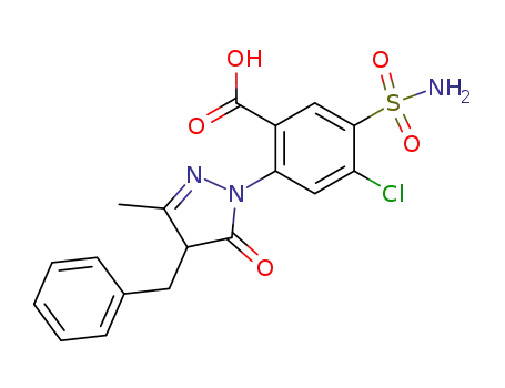 Molecular Structure of 67162-58-7 (Benzoic acid,
5-(aminosulfonyl)-4-chloro-2-[4,5-dihydro-3-methyl-5-oxo-4-(phenylmeth
yl)-1H-pyrazol-1-yl]-)