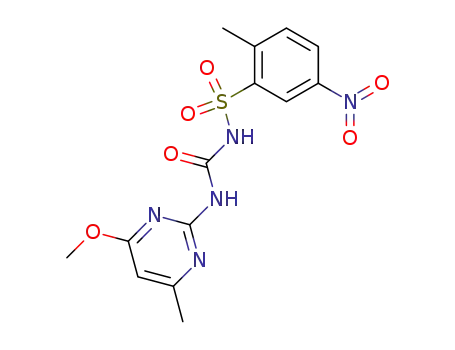 Molecular Structure of 64901-37-7 (Benzenesulfonamide,
N-[[(4-methoxy-6-methyl-2-pyrimidinyl)amino]carbonyl]-2-methyl-5-nitro-)