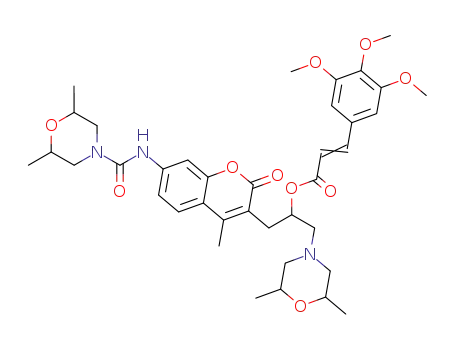 Molecular Structure of 62380-12-5 (2-Propenoic acid, 3-(3,4,5-trimethoxyphenyl)-,
2-[7-[[(2,6-dimethyl-4-morpholinyl)carbonyl]amino]-4-methyl-2-oxo-2H-1
-benzopyran-3-yl]-1-[(2,6-dimethyl-4-morpholinyl)methyl]ethyl ester)