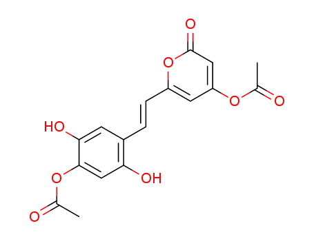 Molecular Structure of 62751-00-2 (2H-Pyran-2-one,
4-(acetyloxy)-6-[2-[4-(acetyloxy)-2,5-dihydroxyphenyl]ethenyl]-, (E)-)