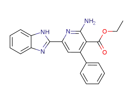 Molecular Structure of 62306-44-9 (3-Pyridinecarboxylic acid, 2-amino-6-(1H-benzimidazol-2-yl)-4-phenyl-,
ethyl ester)