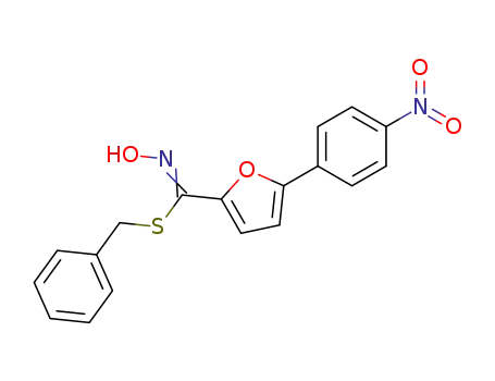 Molecular Structure of 61884-93-3 (2-Furancarboximidothioic acid, N-hydroxy-5-(4-nitrophenyl)-,
phenylmethyl ester)
