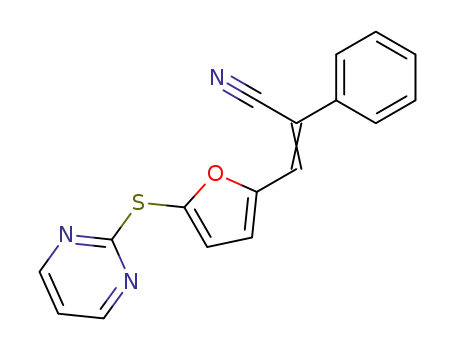 Molecular Structure of 65807-49-0 (Benzeneacetonitrile, a-[[5-(2-pyrimidinylthio)-2-furanyl]methylene]-)