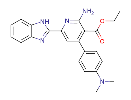 Molecular Structure of 62306-46-1 (3-Pyridinecarboxylic acid,
2-amino-6-(1H-benzimidazol-2-yl)-4-[4-(dimethylamino)phenyl]-, ethyl
ester)