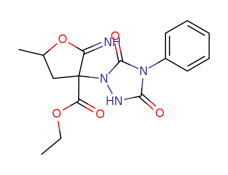 Molecular Structure of 63376-38-5 (3-Furancarboxylic acid,
3-(3,5-dioxo-4-phenyl-1,2,4-triazolidin-1-yl)tetrahydro-2-imino-5-methyl-,
ethyl ester)
