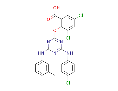 Molecular Structure of 62785-04-0 (Benzoic acid,
3,5-dichloro-2-[[4-[(4-chlorophenyl)amino]-6-[(3-methylphenyl)amino]-1,
3,5-triazin-2-yl]oxy]-)