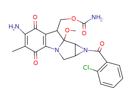 Molecular Structure of 16962-75-7 (Azirino[2',3':3,4]pyrrolo[1,2-a]indole-4,7-dione,6-amino-8-[[(aminocarbonyl)oxy]methyl]-1-(2-chlorobenzoyl)-1,1a,2,8,8a,8b-hexahydro-8a-methoxy-5-methyl-,[1aS-(1aa,8b,8aa,8ba)]- (9CI))