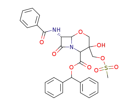 Molecular Structure of 91102-03-3 (5-Oxa-1-azabicyclo[4.2.0]octane-2-carboxylic acid,
7-(benzoylamino)-3-hydroxy-3-[[(methylsulfonyl)oxy]methyl]-8-oxo-,
diphenylmethyl ester)