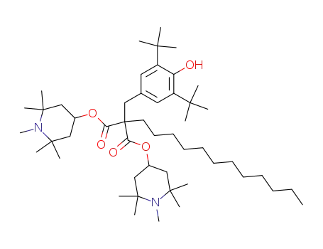 Molecular Structure of 63844-00-8 (Propanedioic acid,
[[3,5-bis(1,1-dimethylethyl)-4-hydroxyphenyl]methyl]dodecyl-,
bis(1,2,2,6,6-pentamethyl-4-piperidinyl) ester)
