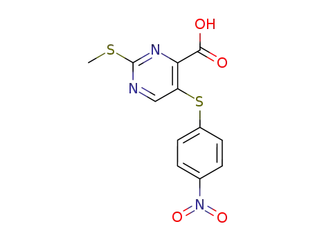 Molecular Structure of 61727-09-1 (4-Pyrimidinecarboxylic acid, 2-(methylthio)-5-[(4-nitrophenyl)thio]-)