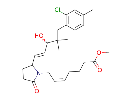 Molecular Structure of 62444-04-6 (5-Heptenoic acid,
7-[2-[5-(2-chloro-4-methylphenyl)-3-hydroxy-4,4-dimethyl-1-pentenyl]-5-
oxo-1-pyrrolidinyl]-, methyl ester)