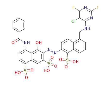Molecular Structure of 52084-86-3 (1,7-Naphthalenedisulfonic acid,
4-(benzoylamino)-6-[[5-[[(5-chloro-2,6-difluoro-4-pyrimidinyl)amino]meth
yl]-1-sulfo-2-naphthalenyl]azo]-5-hydroxy-)