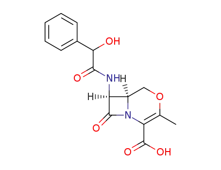Molecular Structure of 62283-03-8 (4-Oxa-1-azabicyclo[4.2.0]oct-2-ene-2-carboxylic acid,
7-[(hydroxyphenylacetyl)amino]-3-methyl-8-oxo-)