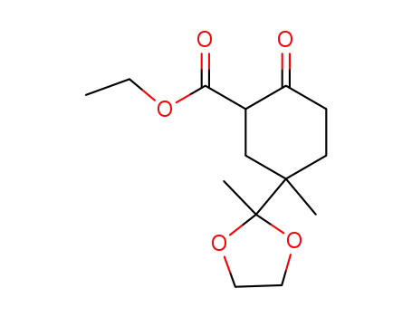 Molecular Structure of 63469-60-3 (Cyclohexanecarboxylic acid,
5-methyl-5-(2-methyl-1,3-dioxolan-2-yl)-2-oxo-, ethyl ester)