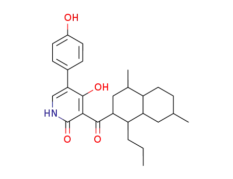 Molecular Structure of 62309-15-3 (2(1H)-Pyridinone,
3-[(decahydro-4,7-dimethyl-1-propyl-2-naphthalenyl)carbonyl]-4-hydroxy
-5-(4-hydroxyphenyl)-)
