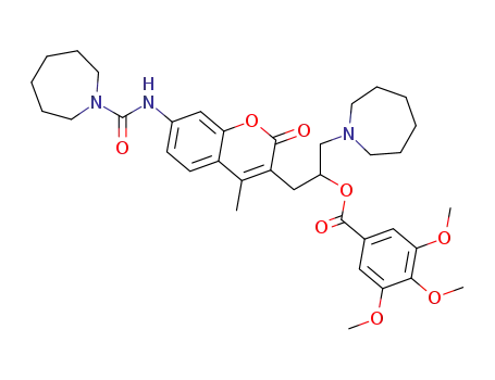 Molecular Structure of 62380-24-9 (Benzoic acid, 3,4,5-trimethoxy-,
2-[7-[[(hexahydro-1H-azepin-1-yl)carbonyl]amino]-4-methyl-2-oxo-2H-1-
benzopyran-3-yl]-1-[(hexahydro-1H-azepin-1-yl)methyl]ethyl ester)