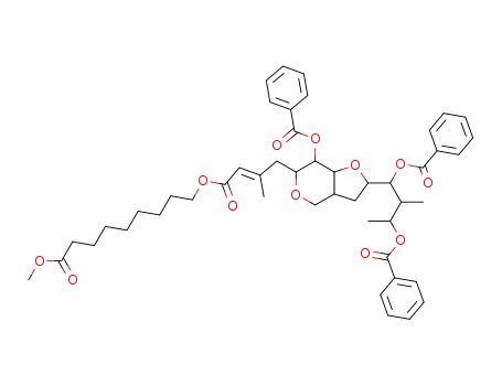 Molecular Structure of 62916-79-4 (Nonanoic acid,
9-[[4-[7-(benzoyloxy)-2-[1,3-bis(benzoyloxy)-2-methylbutyl]hexahydro-4H
-furo[3,2-c]pyran-6-yl]-3-methyl-1-oxo-2-butenyl]oxy]-, methyl ester)
