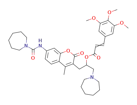 Molecular Structure of 62380-25-0 (2-Propenoic acid, 3-(3,4,5-trimethoxyphenyl)-,
2-[7-[[(hexahydro-1H-azepin-1-yl)carbonyl]amino]-4-methyl-2-oxo-2H-1-
benzopyran-3-yl]-1-[(hexahydro-1H-azepin-1-yl)methyl]ethyl ester)
