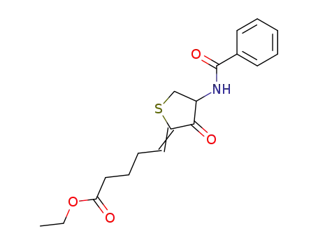 Molecular Structure of 62578-78-3 (Pentanoic acid, 5-[4-(benzoylamino)dihydro-3-oxo-2(3H)-thienylidene]-,
ethyl ester)
