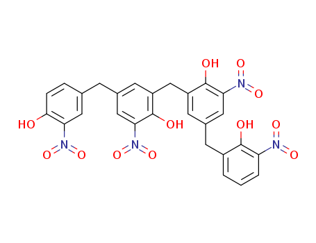 Molecular Structure of 59920-08-0 (Phenol,
2-[[2-hydroxy-5-[(2-hydroxy-3-nitrophenyl)methyl]-3-nitrophenyl]methyl]-4
-[(4-hydroxy-3-nitrophenyl)methyl]-6-nitro-)