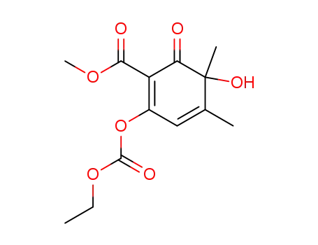 Molecular Structure of 63261-54-1 (1,3-Cyclohexadiene-1-carboxylic acid,
2-[(ethoxycarbonyl)oxy]-5-hydroxy-4,5-dimethyl-6-oxo-, methyl ester)