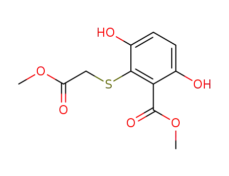 Molecular Structure of 64572-55-0 (Benzoic acid, 3,6-dihydroxy-2-[(2-methoxy-2-oxoethyl)thio]-, methyl
ester)