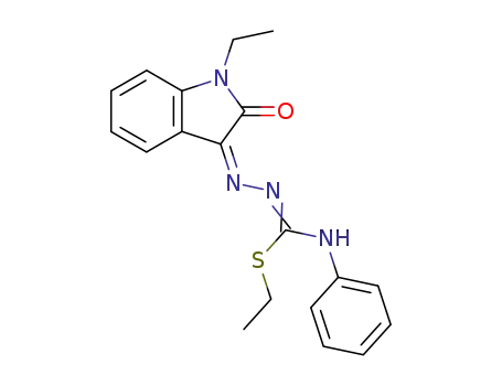 Molecular Structure of 39497-51-3 (Hydrazinecarboximidothioic acid,
2-(1-ethyl-1,2-dihydro-2-oxo-3H-indol-3-ylidene)-N-phenyl-, ethyl ester)