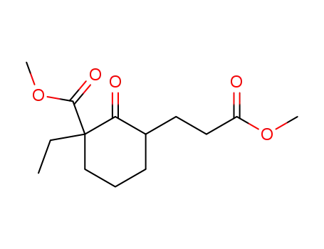 Molecular Structure of 61154-31-2 (Cyclohexanepropanoic acid, 3-ethyl-3-(methoxycarbonyl)-2-oxo-,
methyl ester)