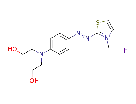 Molecular Structure of 51277-72-6 (Thiazolium, 2-[[4-[bis(2-hydroxyethyl)amino]phenyl]azo]-3-methyl-,
iodide)