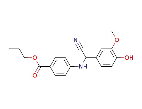 Molecular Structure of 62659-27-2 (Benzoic acid, 4-[[cyano(4-hydroxy-3-methoxyphenyl)methyl]amino]-,
propyl ester)