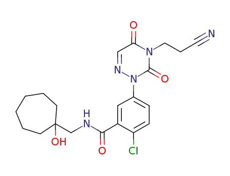 Molecular Structure of 724424-04-8 (Benzamide,
2-chloro-5-[4-(2-cyanoethyl)-4,5-dihydro-3,5-dioxo-1,2,4-triazin-2(3H)-yl
]-N-[(1-hydroxycycloheptyl)methyl]-)
