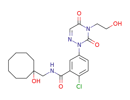 Molecular Structure of 724424-98-0 (Benzamide,
2-chloro-5-[4,5-dihydro-4-(2-hydroxyethyl)-3,5-dioxo-1,2,4-triazin-2(3H)-
yl]-N-[(1-hydroxycyclooctyl)methyl]-)