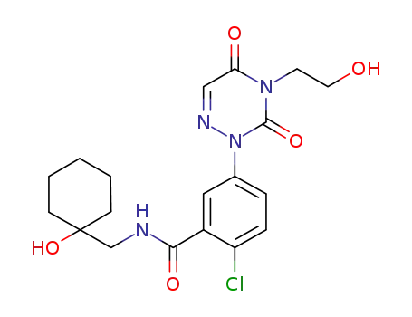 Molecular Structure of 724424-20-8 (Benzamide,
2-chloro-5-[4,5-dihydro-4-(2-hydroxyethyl)-3,5-dioxo-1,2,4-triazin-2(3H)-
yl]-N-[(1-hydroxycyclohexyl)methyl]-)