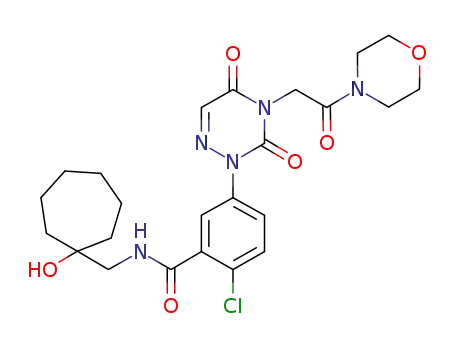 Molecular Structure of 724424-39-9 (Benzamide,
2-chloro-5-[4,5-dihydro-4-[2-(4-morpholinyl)-2-oxoethyl]-3,5-dioxo-1,2,4-
triazin-2(3H)-yl]-N-[(1-hydroxycycloheptyl)methyl]-)