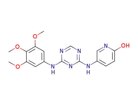 Molecular Structure of 333726-34-4 (2(1H)-Pyridinone,
5-[[4-[(3,4,5-trimethoxyphenyl)amino]-1,3,5-triazin-2-yl]amino]-)