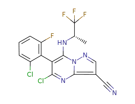 Molecular Structure of 632340-96-6 (Pyrazolo[1,5-a]pyrimidine-3-carbonitrile,
5-chloro-6-(2-chloro-6-fluorophenyl)-7-[[(1S)-2,2,2-trifluoro-1-methylethyl
]amino]-)