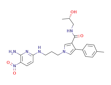 Molecular Structure of 667449-40-3 (1H-Pyrrole-3-carboxamide,
1-[3-[(6-amino-5-nitro-2-pyridinyl)amino]propyl]-N-[(2S)-2-hydroxypropyl
]-4-(4-methylphenyl)-)