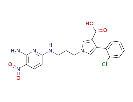 Molecular Structure of 667448-81-9 (1H-Pyrrole-3-carboxylic acid,
1-[3-[(6-amino-5-nitro-2-pyridinyl)amino]propyl]-4-(2-chlorophenyl)-)