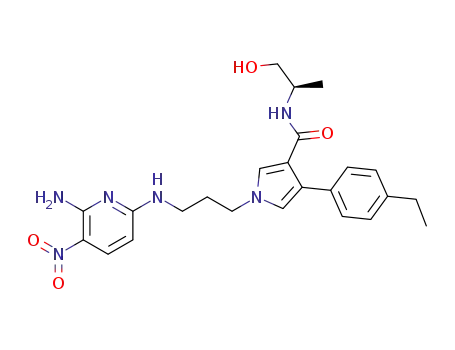 Molecular Structure of 667447-97-4 (1H-Pyrrole-3-carboxamide,
1-[3-[(6-amino-5-nitro-2-pyridinyl)amino]propyl]-4-(4-ethylphenyl)-N-[(1R
)-2-hydroxy-1-methylethyl]-)