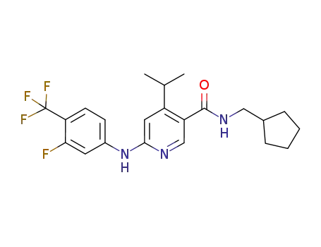 Molecular Structure of 676628-93-6 (3-Pyridinecarboxamide,
N-(cyclopentylmethyl)-6-[[3-fluoro-4-(trifluoromethyl)phenyl]amino]-4-(1-
methylethyl)-)