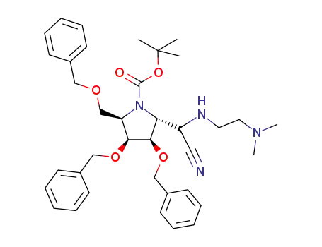 Molecular Structure of 403821-44-3 (1-Pyrrolidinecarboxylic acid,
2-[cyano[[2-(dimethylamino)ethyl]amino]methyl]-3,4-bis(phenylmethoxy)-
5-[(phenylmethoxy)methyl]-, 1,1-dimethylethyl ester, (2R,3R,4S,5R)-)