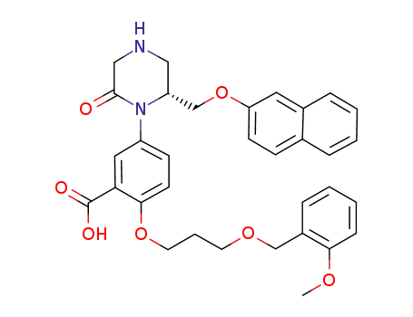 Molecular Structure of 777934-07-3 (Benzoic acid,
2-[3-[(2-methoxyphenyl)methoxy]propoxy]-5-[(2R)-2-[(2-naphthalenyloxy)
methyl]-6-oxo-1-piperazinyl]-)