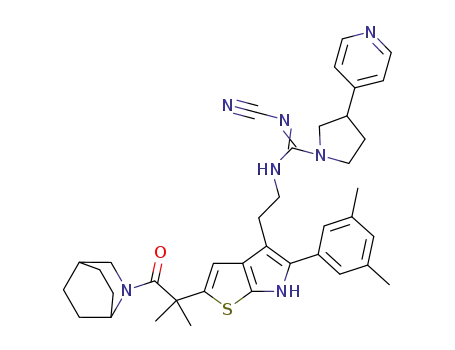 Molecular Structure of 667940-29-6 (2-Azabicyclo[2.2.2]octane,
7-[2-[4-[2-[[(cyanoamino)[3-(4-pyridinyl)-1-pyrrolidinyl]methylene]amino]
ethyl]-5-(3,5-dimethylphenyl)-6H-thieno[2,3-b]pyrrol-2-yl]-2-methyl-1-oxo
propyl]-)