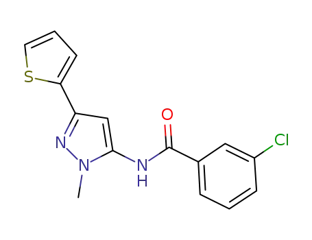 Molecular Structure of 525597-36-8 (Benzamide, 3-chloro-N-[1-methyl-3-(2-thienyl)-1H-pyrazol-5-yl]-)